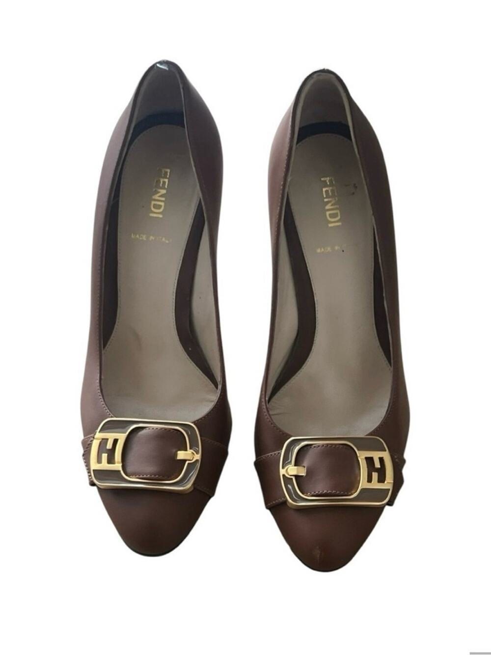 Fendi Brown Leather Pumps with Gold Buckle Accent